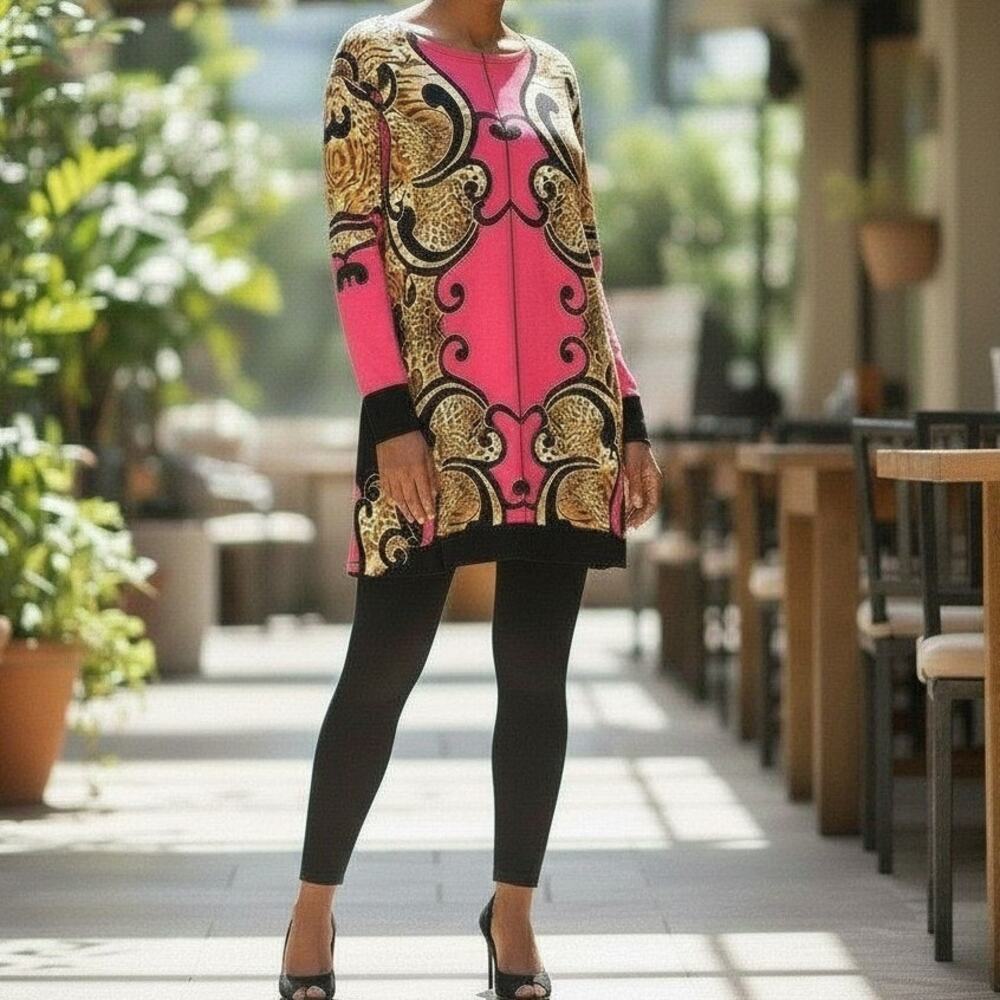 Eva Varro Trapeze Tunic Pink Black Animal Print Stretchy 3/4 Sleeves Sz M